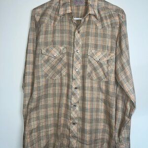 Vintage 1970s H Bar C Western Pearl Snap Shirt Metallic Plaid Made In US M Rare